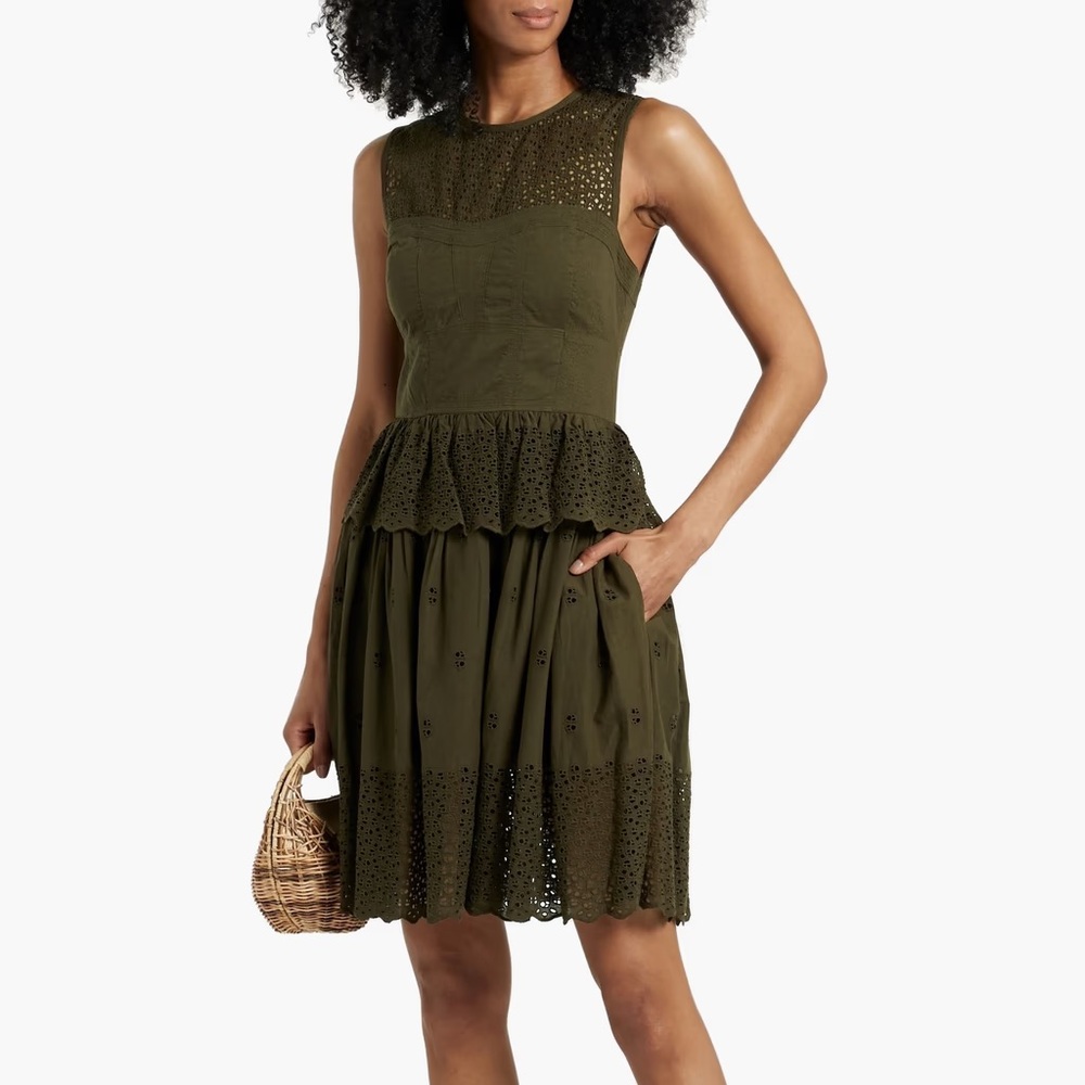 Ulla Johnson Jessa Tiered Broderie Anglaise Cotton Mini Dress Army Green